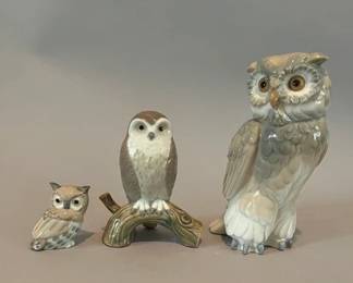 Group Of Three Spanish Porcelain Owl Figurines, Made By Lladro And Zaphir
