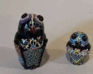 Two Vintage Hand Painted Lacquered Miniature Boxes In Owl Form, C. 1970s
