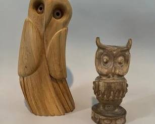 Two Modernist Carved Wood Owl Sculptures
