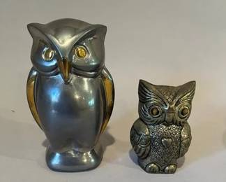 Two Mixed Metal Modernist Style Owl Figurines
