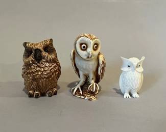 Group Of Three Cast Resin Miniature Owl Figurines
