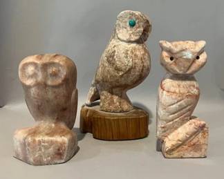 Modernist Carved Pink Stone Owl Figurines
