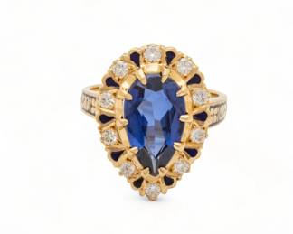 Pear-Shaped Synthetic Sapphire, Diamond & 18kt Gold Ring, Size: 6.5, 7g