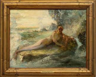Douglas Arthur Teed (American, 1864-1929) Oil on Canvas, Ca. 1919, Mermaid on a Rocky Shore, H 13.25" W 17"