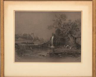 Louis Comfort Tiffany (American, 1848-1933) Charcoal & Pastel on Paper, 1863, "Grist Mill Scene", H 11" W 14.5"