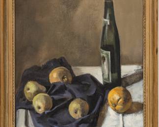 Hughie Lee-Smith (American, 1915-1999) Oil on Canvas "Still Life with Wine Bottle And Fruit", H 26" W 18"