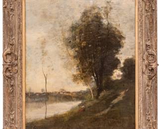 Attributed to Jean-Baptiste-Camille Corot (French, 1796-1875) Oil on Canvas, "Landscape with Figure", H 29" W 23.75"
