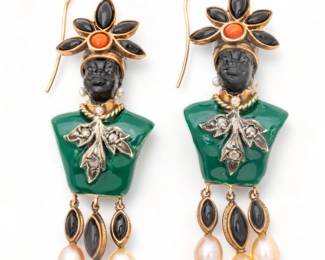 Russian 14k Yellow Gold, Enamel, Black Onyx, Diamonds, Coral Blackamoor Pendant Earrings, Ca. 1930, H 2.75" W 0.75" 25g 1 Pair