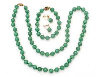 Green Jade Necklace, Bracelet And Earrings L 28" 4 pcs