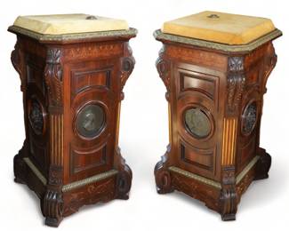 American Renaissance Revival Carved Inlaid And Gilt Incised Rosewood, Pedestals, Ca. 1870, H 41" W 22" L 22" 1 Pair