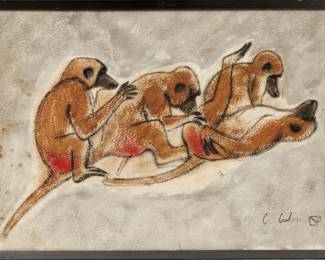 Charles Culver (American, 1908-1967) Pastel on Paper, Ca. 1963, "Grooming Monkeys", H 13.5" W 21"