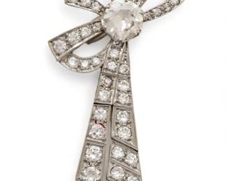 Platinum And Diamond Bowknot Brooch, Ca. 1920, H 2" W 1" 16g