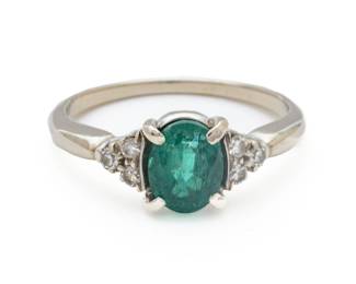 14K White Gold, Solitaire Emerald, with Diamonds Ring, Size 5 1/2 2.8g