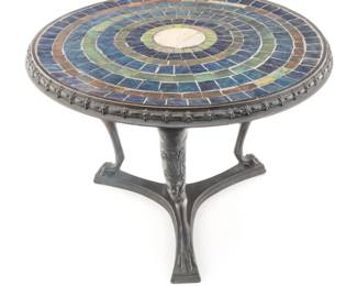 Tiffany Studios Co Favrile Glass Mosaic Tile And Bronze Tea Stand Ca. 1900-1902, H 11.7" Dia. 15.5"