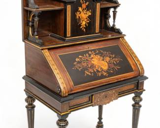 Attributed to Herter Brothers (American, 1864-1906) Carved Rosewood Marquetry Inlaid Secretary Desk, Ca. 1860, H 65" L 31.5" Depth 20.5"