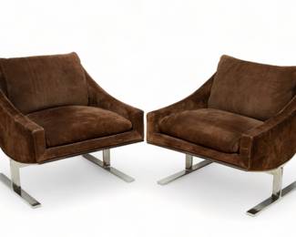 Kipp Stewart for Directional (American) Chocolate Leather & Steel Chairs, H 26" W 28" Depth 32" 2 pcs
