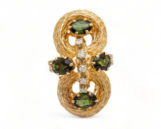 Peridot (4) And Diamond 14K Gold Ring, Size 6, 12.2g