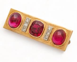 18kt Yellow Gold, Rubies & Diamond Pin, W 0.5" L 1.75" 10g