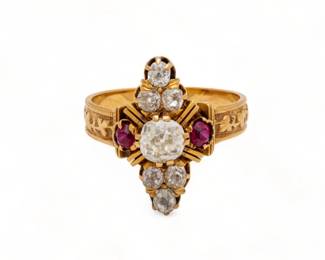 Antique Diamond, Ruby & 18kt Yellow Gold Ring, Size: 8.25, 6g