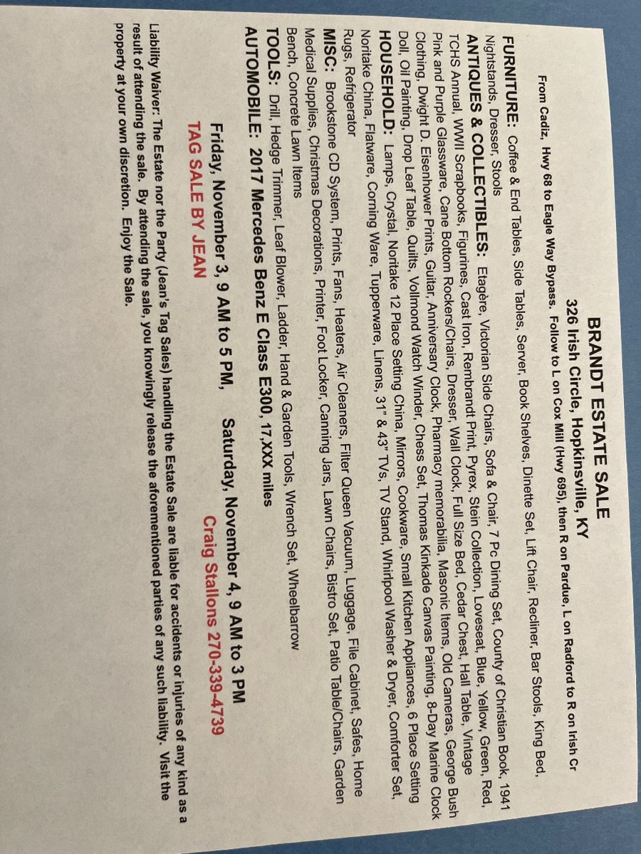 Estate Tag Sale in Hopkinsville, KY starts on 11/3/2023