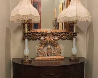 Accent Table, Gold Mirror, and Vintage, Victorian Lamps with Fringe Lamp Shades. 