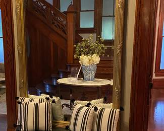 Large, Gold Pier Mirror, with Marble Top Bench. Bench was originally a flower box. The silver liner is included. 