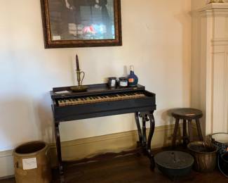 Antique small organ, non-working, vintage print of English children in beautiful frame, vintage sea grove pottery, Salt glaze crocks, cast iron, enamelware, antique oak stool