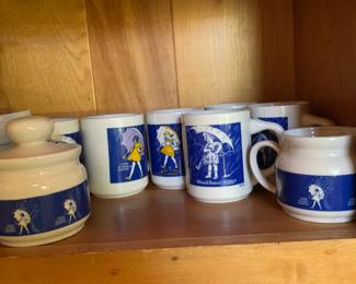 Vintage Morton Salt girl set of 6 coffee cups featuring different versions of the girl with creamer and sugar bowl