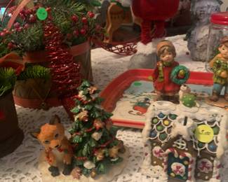 Lovely Christmas ornaments and decor, Christmas trees, “cabin in the woods” China set with 16 place settings!