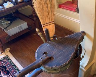 Antique bellows and copper tall pail