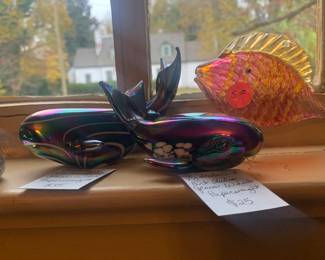 Iridescent art glass whales 