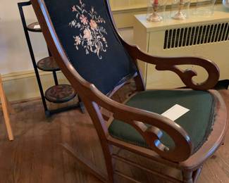 Antique Victorian Lincoln Rocker, embroidered back