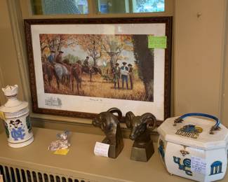 “Select big the site” for UNC-Chapel Hill Framed print, Rams head bookends, Tarheel decanter, vintage UNC-Ch pocket book/storage box