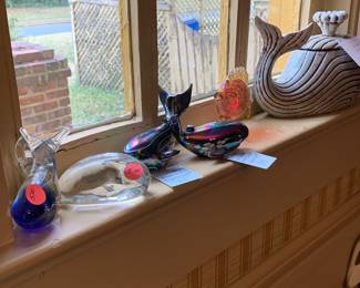 Art glass whales and a whale tea pot