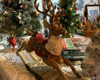 Reindeer rocker, vintage tabletop Christmas trees