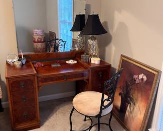 Elegant Art Deco Vanity, Vanity chair, Frosted Glass Lamps , Decor