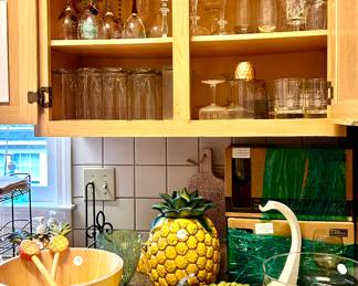 Barware, Wine Glasses, Salad Bowl, Drink Dispnesor, Set of Green Stemware