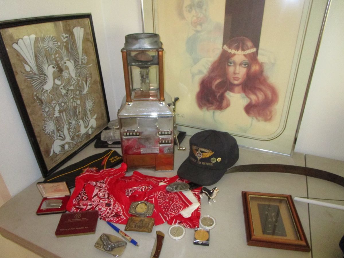 Antique Trolley Fare Box, Clown art, vintage bandanas, belt buckles