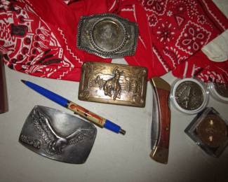 Vintage belt buckles, vintage floaty pen