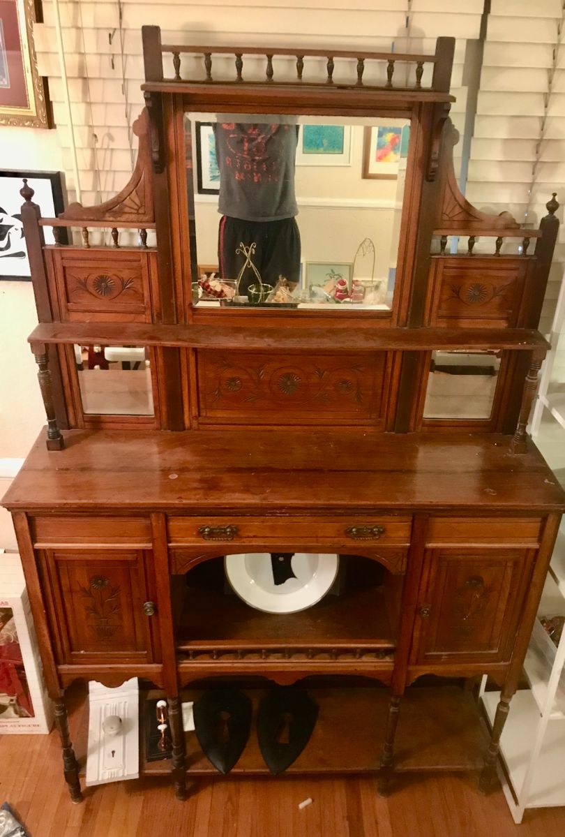 Beautiful sideboard Buffay only 9 inches deep and so ornate and beautiful beveled glass antique