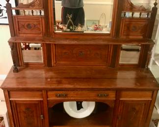 Beautiful sideboard Buffay only 9 inches deep and so ornate and beautiful beveled glass antique