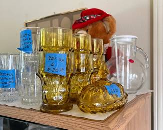 Anchor Hocking amber drinkware and butter dish