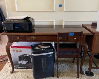 Queen Anne style desk and chair, small and large shredders, Canon printers