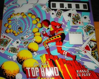 Vintage back glass for a pinball machine. "Top Hand"