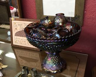 Carnival Punch bowl and cups - grape design on beautiful pedestal.