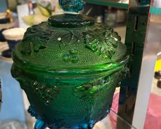 Vintage Jeanette Blue Green Candy Dish w Lid