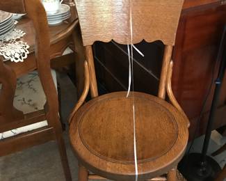 Pair of Rare Oak Open back Chairs. Flared legs, hip braces.  Excellent condition.
