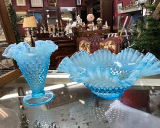 Fenton Aqua Hobnail Vase and Bowl