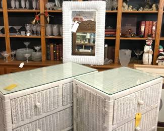 2 White Wicker Chest with glass tops.  White Wicker mirror
