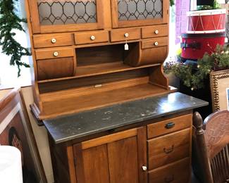 Oak Kitchen Cabinet with bins, lined metal drawers, metal preparation top, frosted doors - great storage by H.K. Klemp